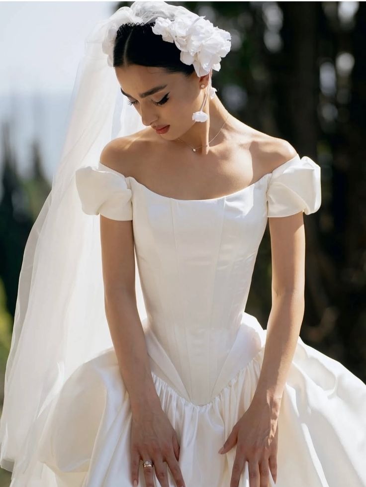 Classic A Line Off the Shoulder Corset White Satin Long Wedding Dress SH5283