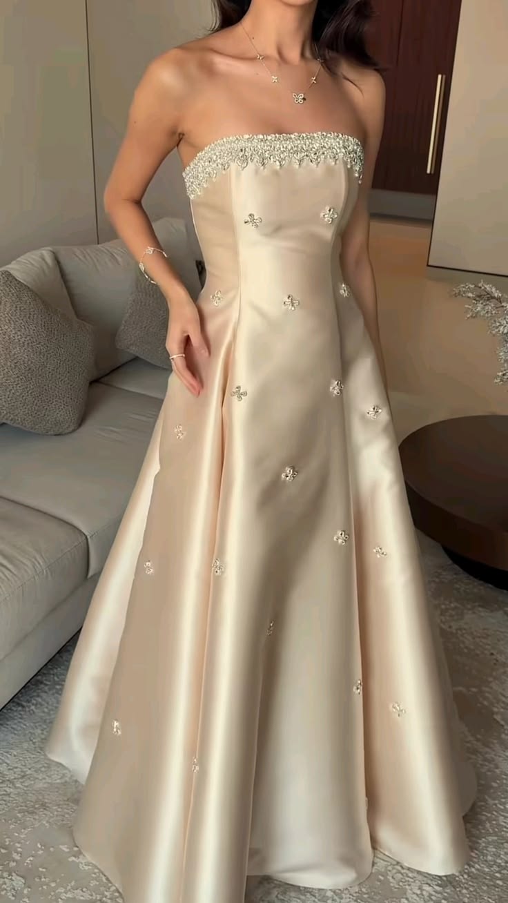 Champagne A Line Strapless Beaded Satin Long Prom Dress Evening Dress SH7057