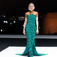 Gorgeous Sheath Strapless Bead Sequin Green Satin Long Sweep Party Dress with Slit SH2713