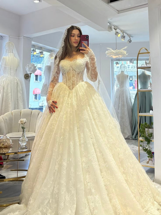 Fashion A Line Long Sleeve Corset White Lace Long Wedding Dress SH8722