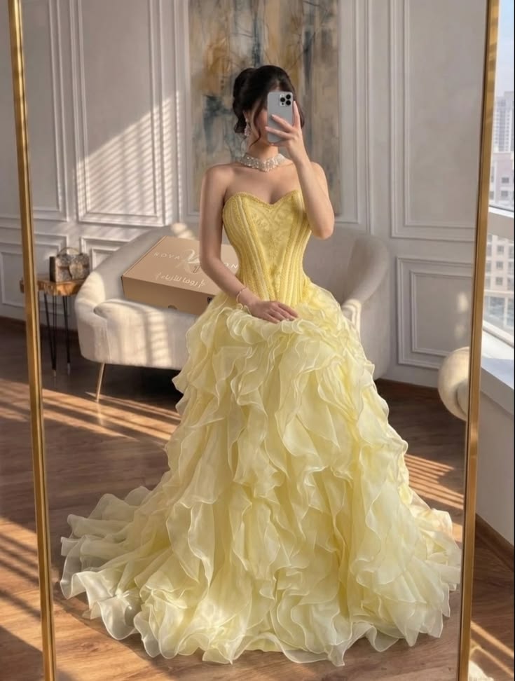 Yellow A Line Sweetheart Neck Corset Ruffle Organza Prom Dress Evening Dress SH6914