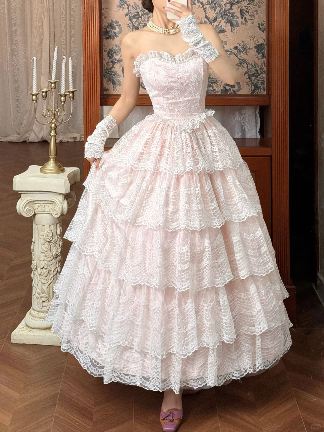 Vintage Princess Light Pink A Line Layered Lace Long Prom Dress Evening Dress SH5657