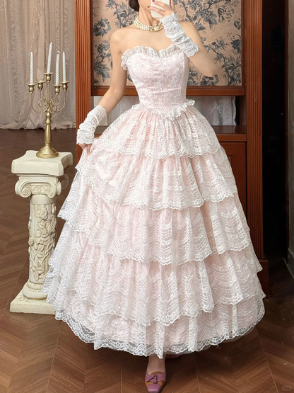 Vintage Princess Light Pink A Line Layered Lace Long Prom Dress Evening Dress SH5657