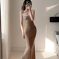 Sexy Mermaid Strapless Exquisite Beaded Moka Satin Long Prom Dress Graduation Prom Dress SH5267