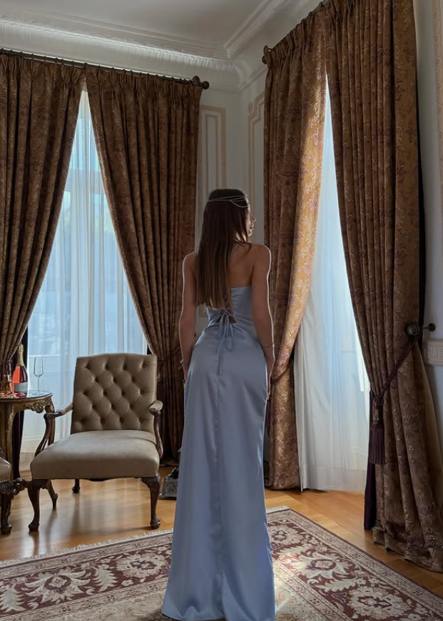 Elegant Baby Blue Sheath Spaghetti Strap Satin Long Evening Dress Prom Dress SH4830