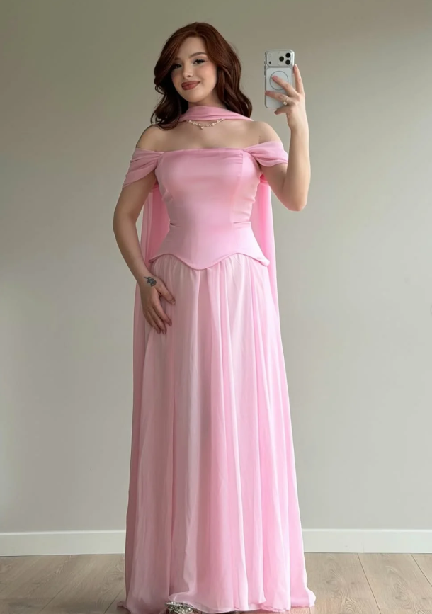 Simple Pink A Line Off the Shoulder Chiffon Satin Prom Dress Wedding Guest Dress SH5420