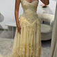 Yellow A Line Sweetheart Neck Appliques Lace Chiffon Prom Dress Wedding Guest Dress SH4440