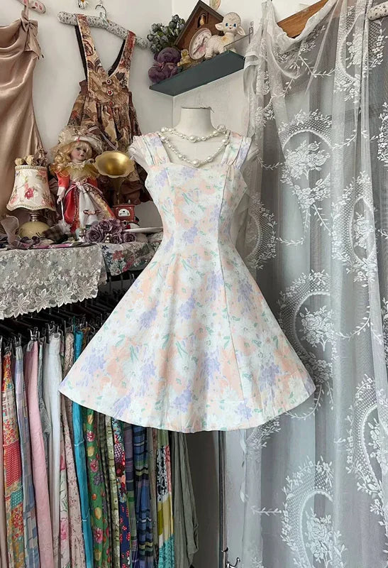 Pretty A Line Straps Print Floral Satin Short Prom Dress Homecoming Dress SH6472