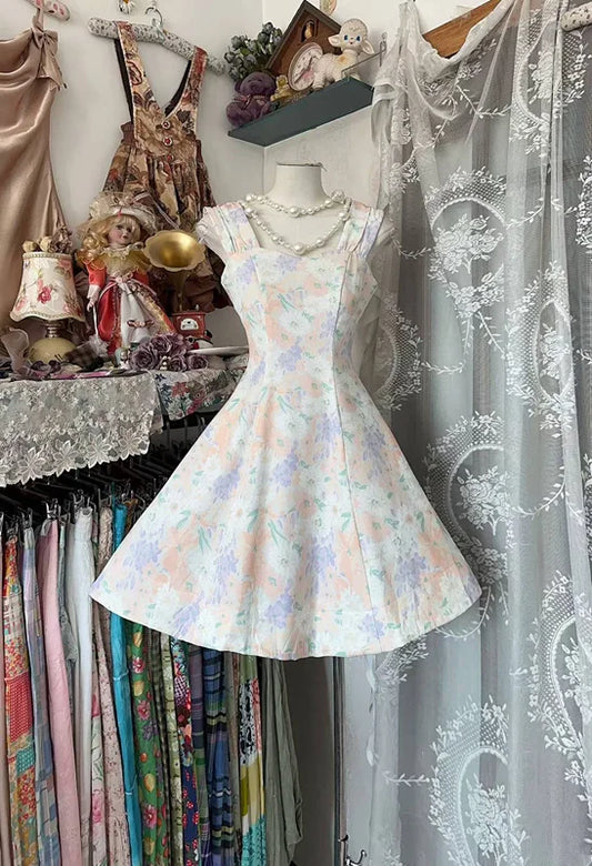 Pretty A Line Straps Print Floral Satin Short Prom Dress Homecoming Dress SH6472