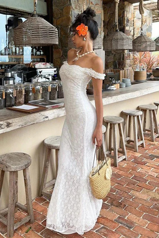 Sexy White Mermaid Spaghetti Strap Lace Long Prom Dress Evening Dress SH5752