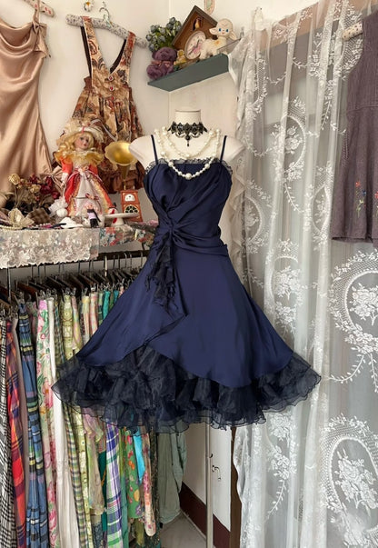 Vintage Navy Blue A Line Spaghetti Straps Organza Satin Short Homecoming Dress Outfits SH5746