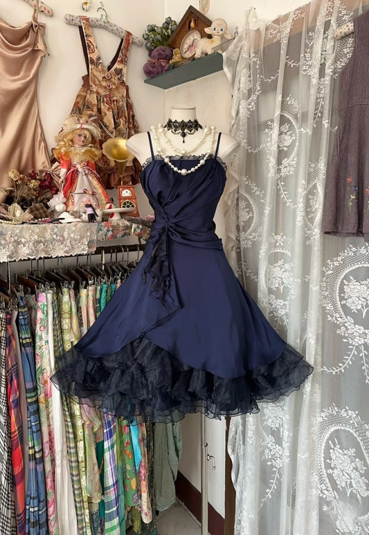 Vintage Navy Blue A Line Spaghetti Straps Organza Satin Short Homecoming Dress Outfits SH5746