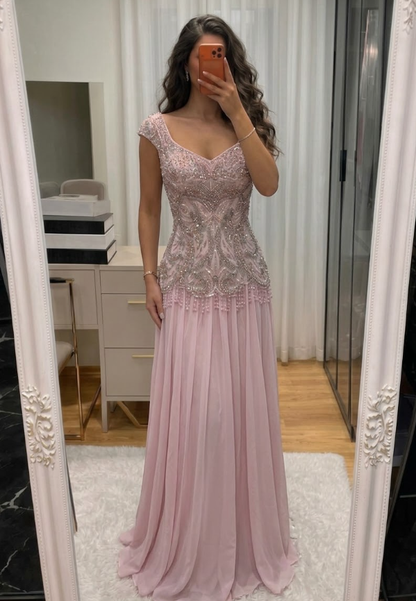 Luxurious Light Pink A Line V Neck Beaded Chiffon Long Prom Dress Evening Dress SH8950