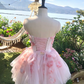 Pink Floral A Line Strapless Tulle Short Prom Dress Homecoming Dress SH7186