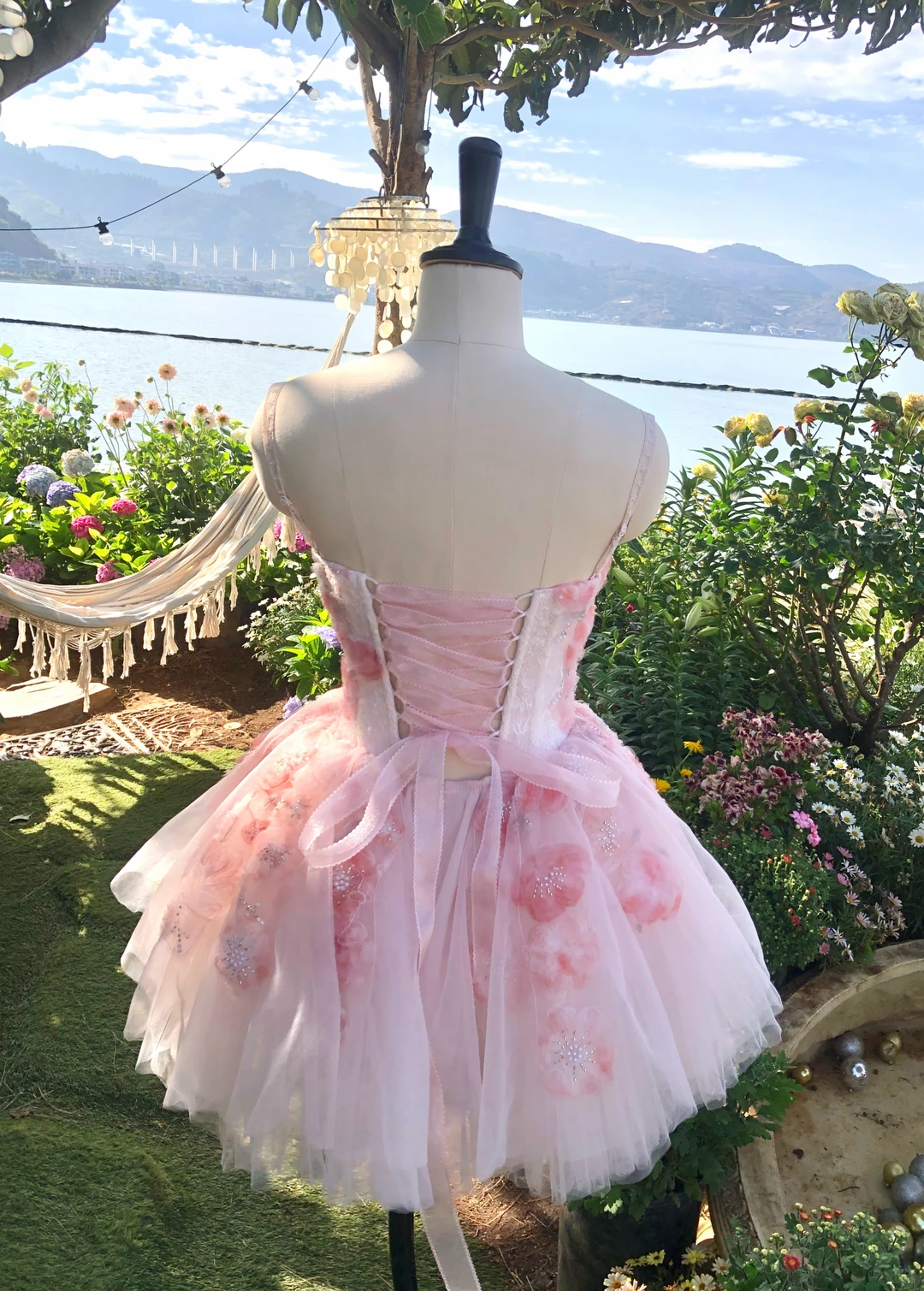 Pink Floral A Line Strapless Tulle Short Prom Dress Homecoming Dress SH7186