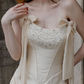 Retro Apricot A Line Strapless Pearl Beaded Satin Wedding Dress SH6088