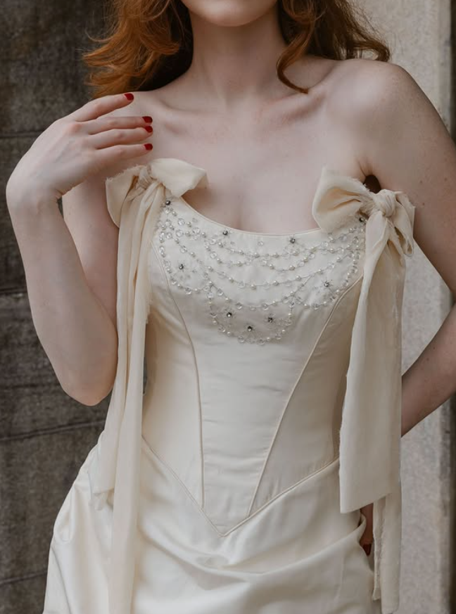 Retro Apricot A Line Strapless Pearl Beaded Satin Wedding Dress SH6088