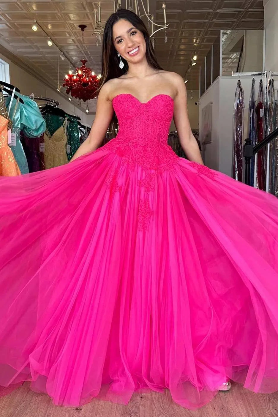 A Line Sweetheart Neck Hot Pink Tulle Lace Long Prom Dress SH1707