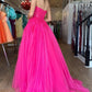 A Line Sweetheart Neck Hot Pink Tulle Lace Long Prom Dress SH1707