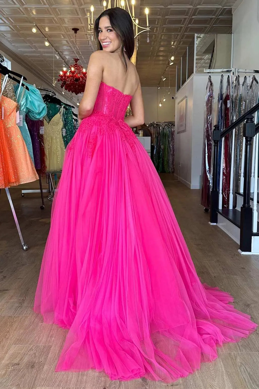 A Line Sweetheart Neck Hot Pink Tulle Lace Long Prom Dress SH1707