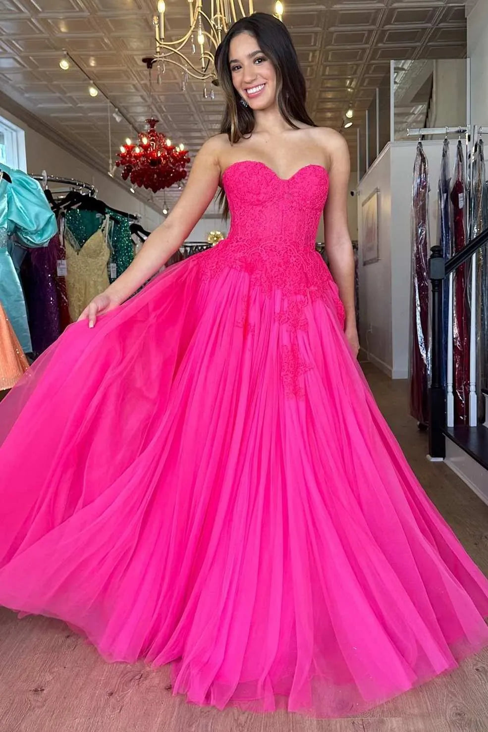 A Line Sweetheart Neck Hot Pink Tulle Lace Long Prom Dress SH1707