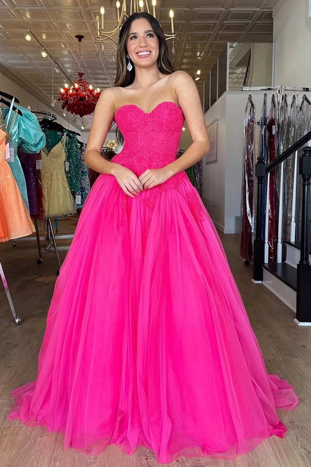 A Line Sweetheart Neck Hot Pink Tulle Lace Long Prom Dress SH1707