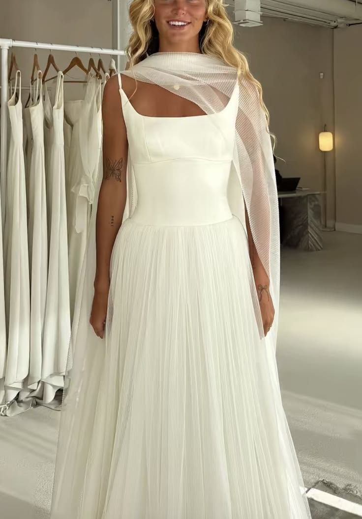 White A Line Spaghetti Straps Satin Tulle Long Wedding Dress SH8705