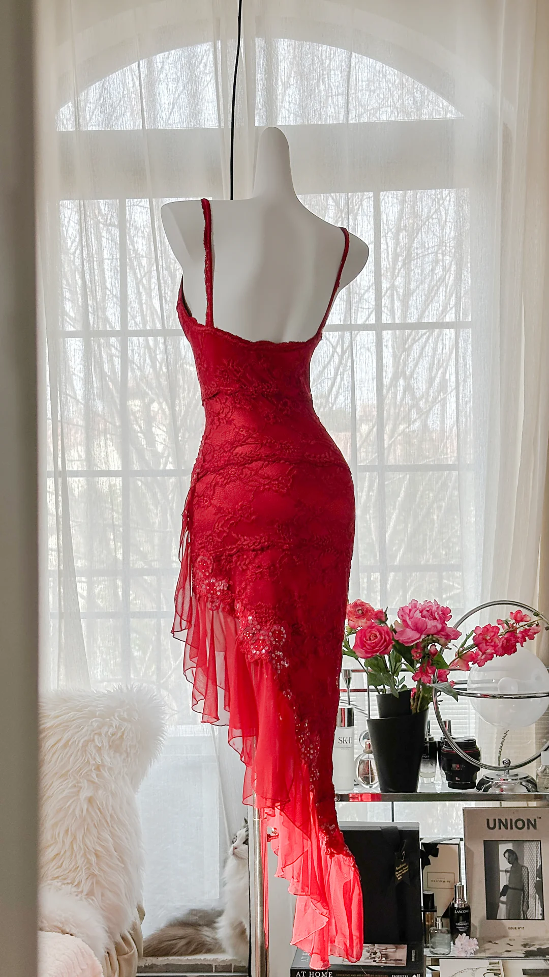 Sexy Sheath Spaghetti Strap Red Lace Chiffon Party Dress Evening Dress SH2956
