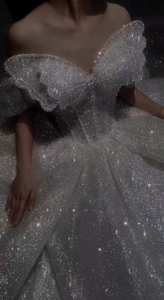 Stunning Ball Gown Strapless Beaded Sequin Prom Dress Wedding Dress with Butterfly SH4456