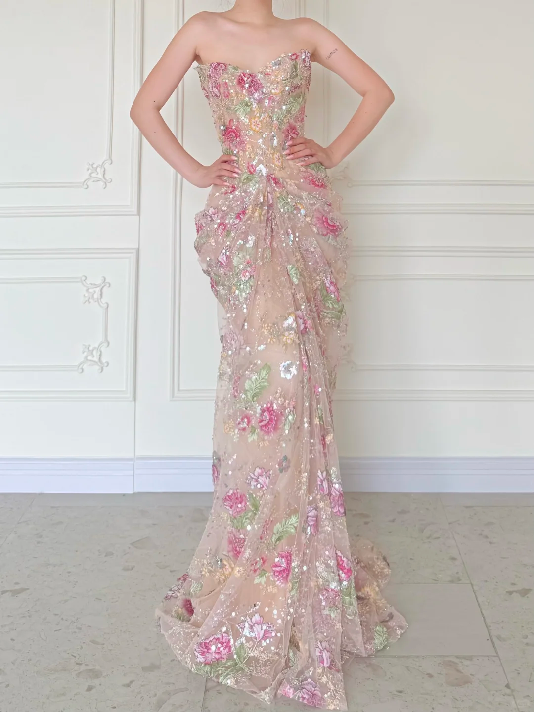 Luxurious Mermaid Strapless Floral Sequin Tulle Long Prom Dress Evening Dress SH5843