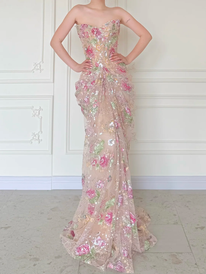 Luxurious Mermaid Strapless Floral Sequin Tulle Long Prom Dress Evening Dress SH5843