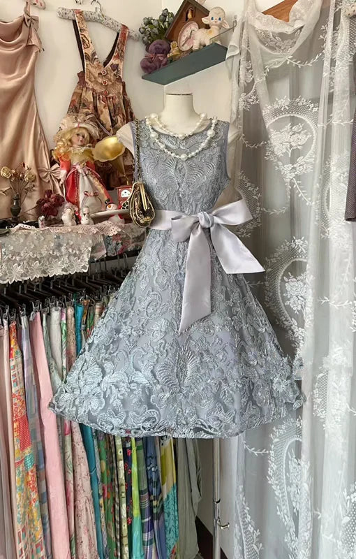 Grey A Line Round Neck Lace Short Prom Dress Homecoming Dress SH6473