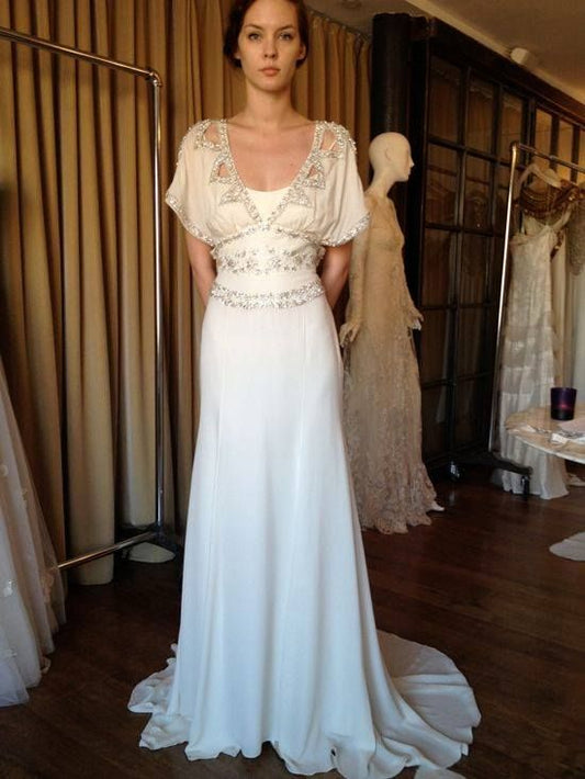 Vintage A Line V Neck Shiny Rhinestone White Chiffon Long Prom Dress Wedding Dress SH8720