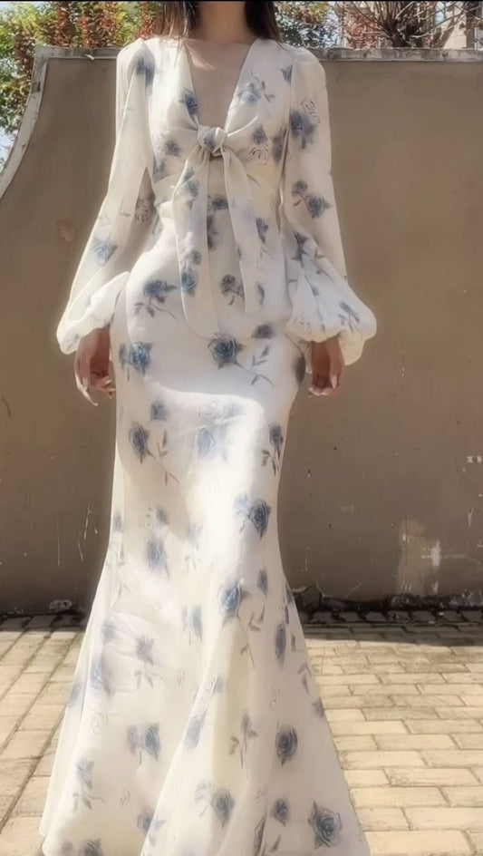 Elegant Mermaid Long Sleeve Blue Floral Chiffon Prom Dress Party Dress Outfits SH4075