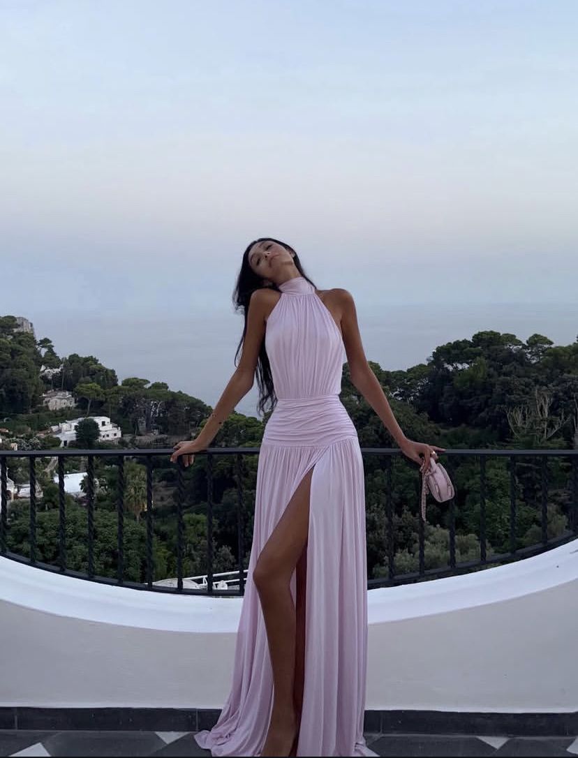 Gentle Pink A Line Halter Satin Long Prom Dress Evening Dress Date Dress with Slit SH7608