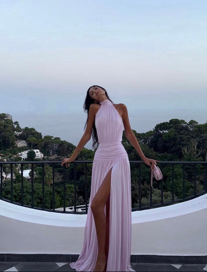 Gentle Pink A Line Halter Satin Long Prom Dress Evening Dress Date Dress with Slit SH7608