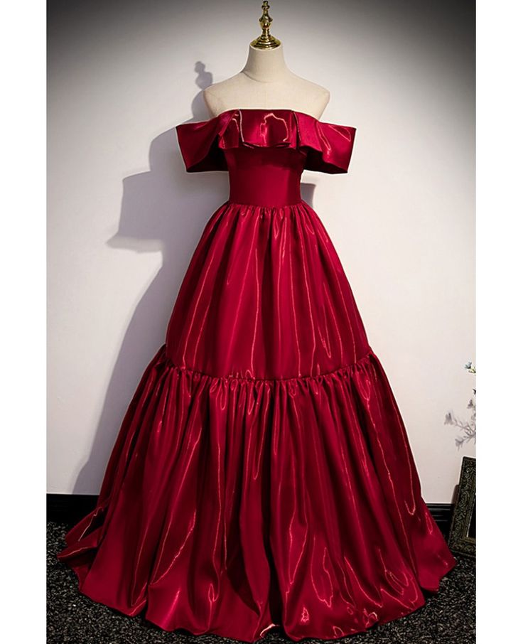 Elegant A Line Off-the-shoulder Burgundy Satin Long Prom Dress Evening Dress SH1714