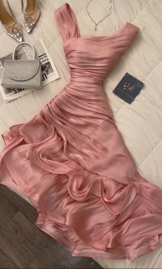 Pink A Line Straps Satin Birthday Dresses Evening Party Dress SH1918