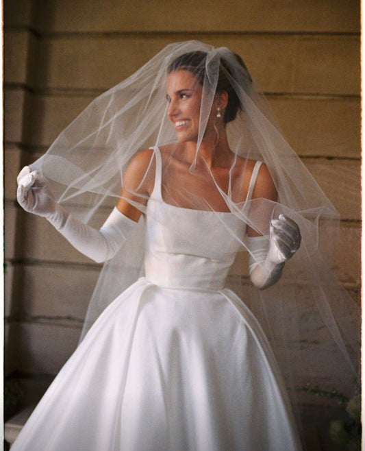White A Line Spaghetti Straps Satin Long Wedding Dress SH8704