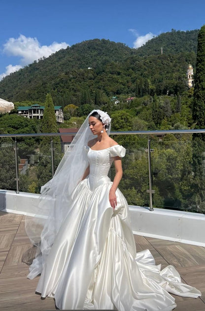 Classic A Line Off the Shoulder Corset White Satin Long Wedding Dress SH5283