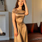 Pretty Brown Mermaid Off the Shoulder Satin Prom Dress Evening Dress Date Dress SH3981