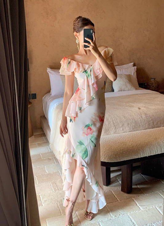 Light Pink Mermaid V Neck Print Floral Ruffle Chiffon Summer Dress Party Dress Outfits with Slit SH4174
