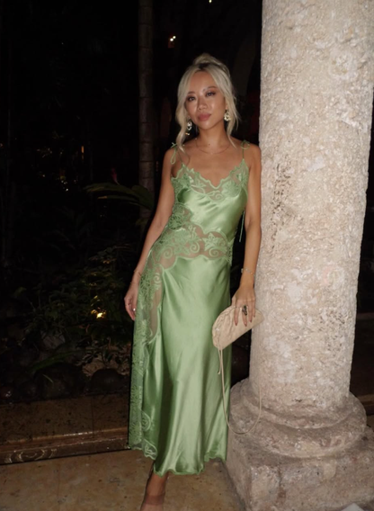 Charming A Line Spaghetti Strap Appliques Green Satin Prom Dress Evening Dress SH1773