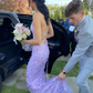 Purple Tulle Lace Appliques Mermaid Prom Dress Backless Long Evening Dress SH1083