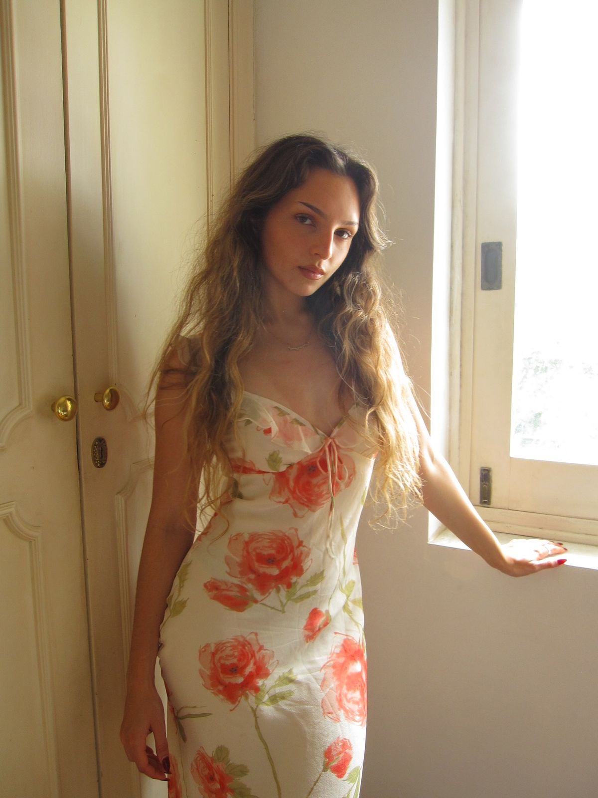 Gentle Sheath Straps Printed Floral Chiffon Tea Length Vacation Dress Outfits SH4517