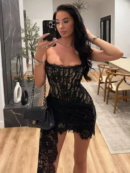 Sexy Black Sheath Strapless Corset Lace Short Homecoming Dress SH6378