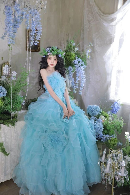 Princess Ball Gown Strapless Tiered Flower Blue Tulle Party Dress Birthday Dress SH2863