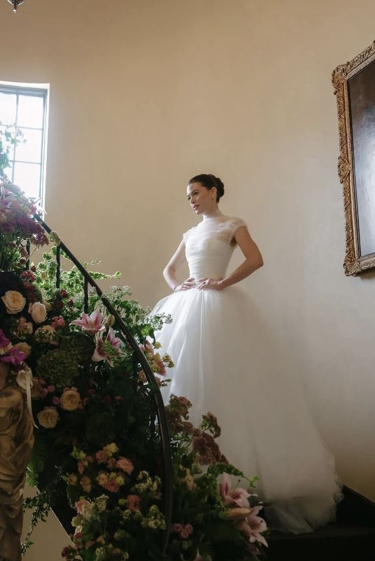 Gentle Ball Gown High Neck Tulle Long Prom Dress Wedding Dress SH7445