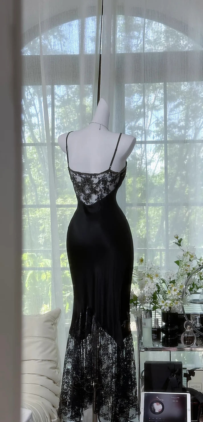 Sexy Black Mermaid Spaghetti Strap Beaded Lace Chiffon Evening Dress Party Dress SH3727