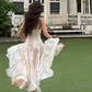 Elegant A Line Spaghetti Strap Print Floral Satin Long Party Dress Wedding Guest Dress SH3154